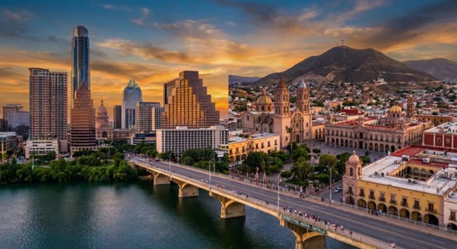 Austin and Saltillo skylines at sunset